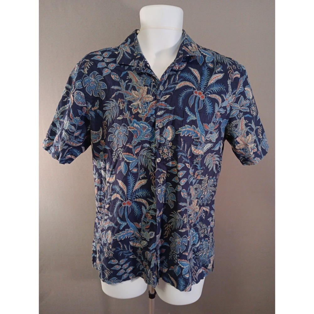 Tori Richard Mens Medium Hawaiian Camp Shirt Blue Tropical Floral Button Up